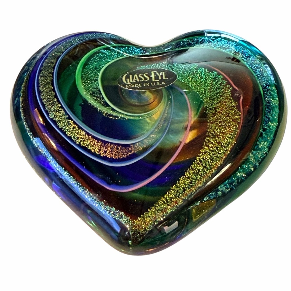 Glass Eye Studio Heart Paperweight Dichroic Art Glass USA Iridescent 4” - Picture 2 of 6